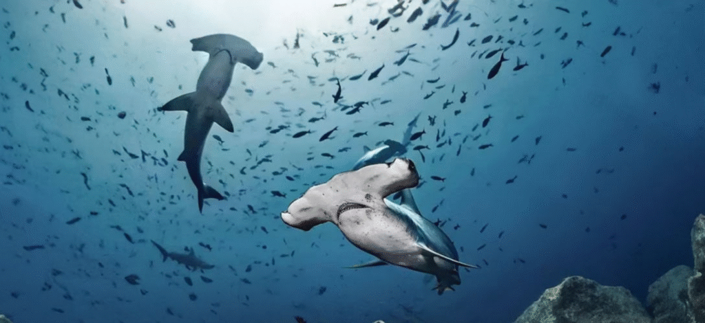 Vista de 2 tiburones martillo en Santa cruz galapgos