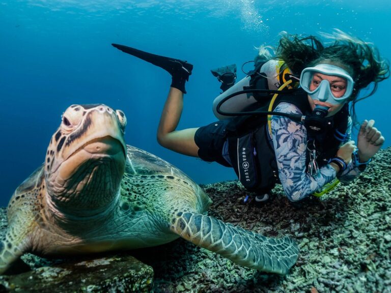 Buceadora con tortuga